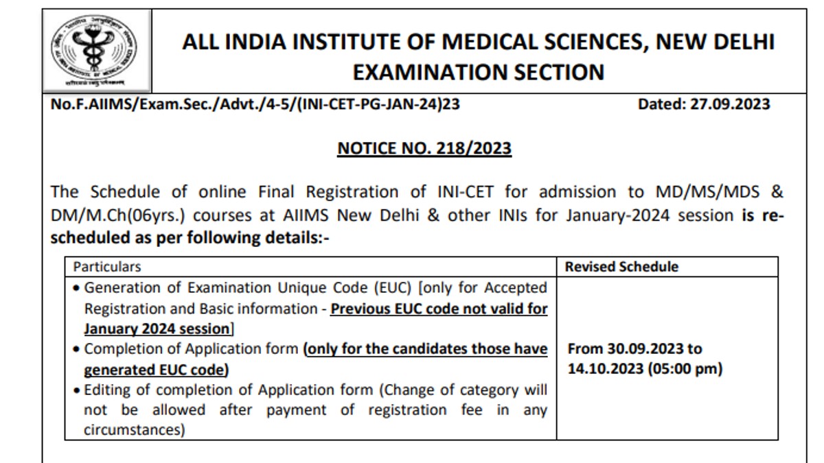 AIIMS INI CET 2024 January Session Registrations