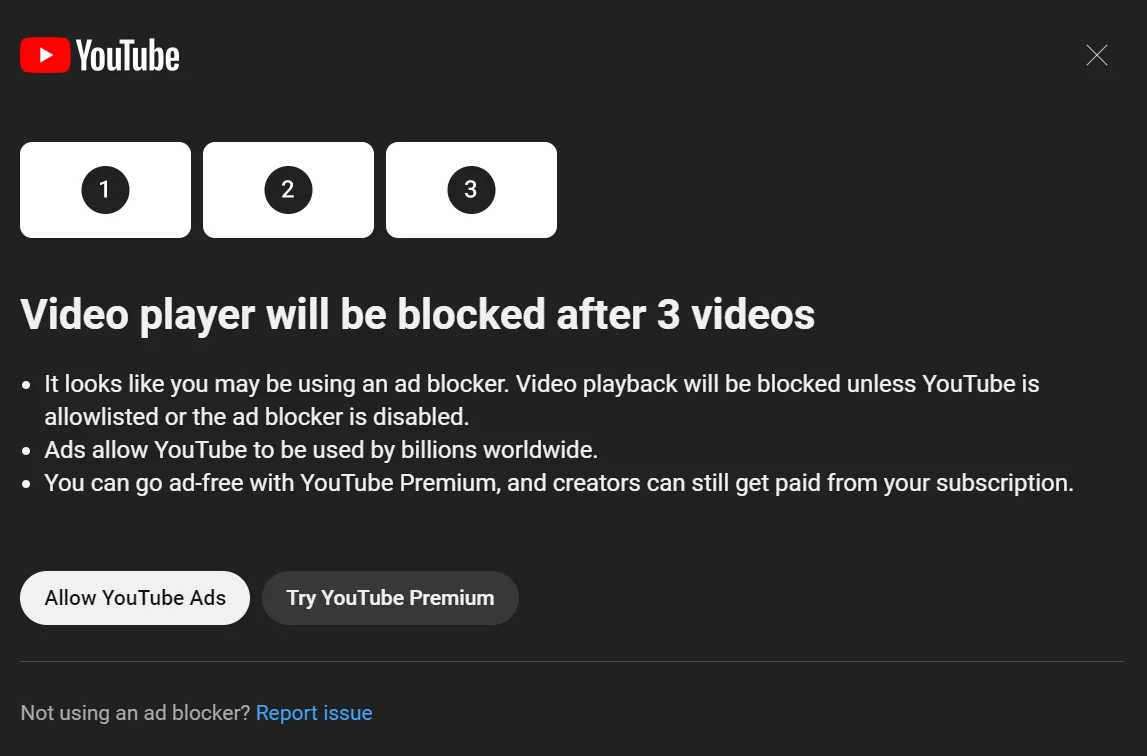 Video Player Will Be Blocked After 3 Videos Error Message Is Annoying For Those Who Use Ad Blockers