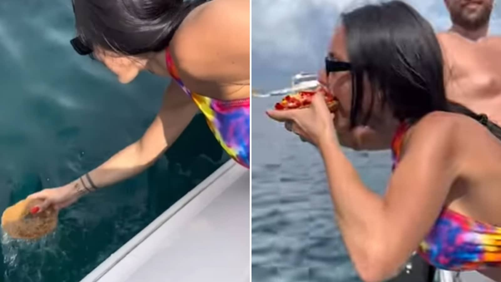 Woman dips bagel and cheese in seawater, goes on to eat them. Watch