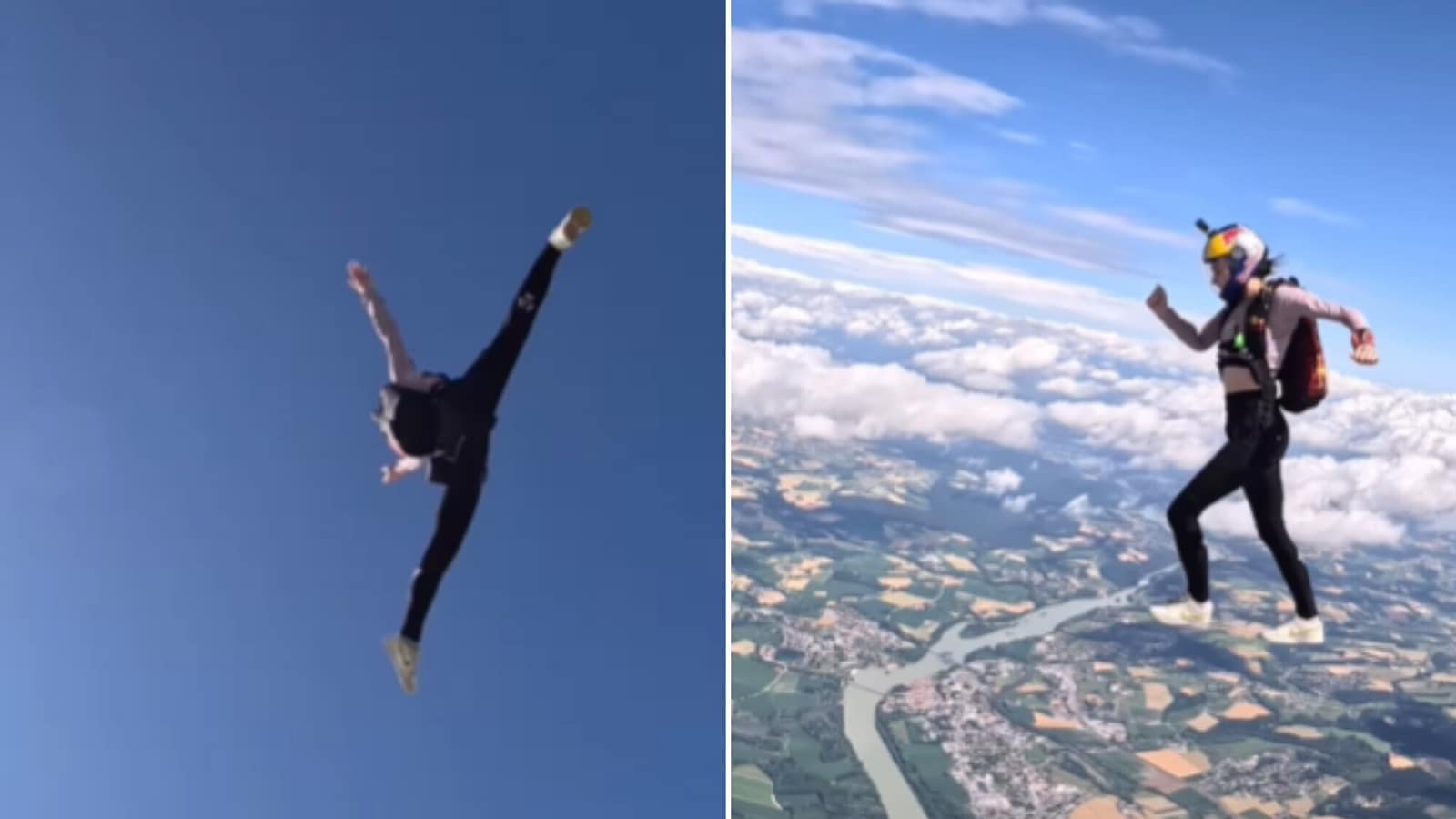 Woman shows incredible gymnastic moves mid-air while skydiving