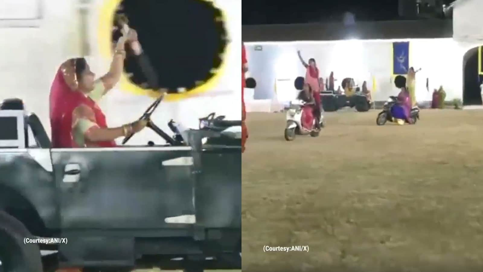 Women perform with swords while riding bikes, cars during Navratri