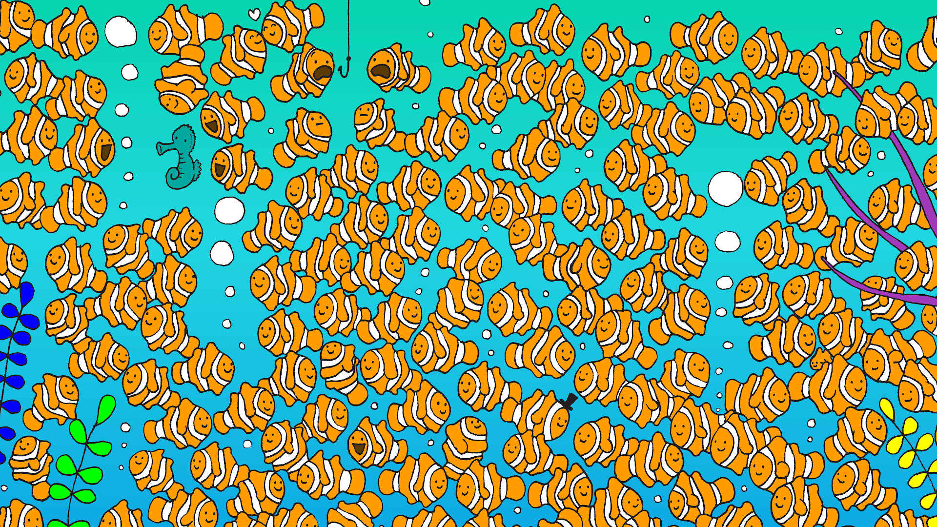 You have 20/20 vision if you can spot the goldfish swimming among the clownfish in 30 seconds