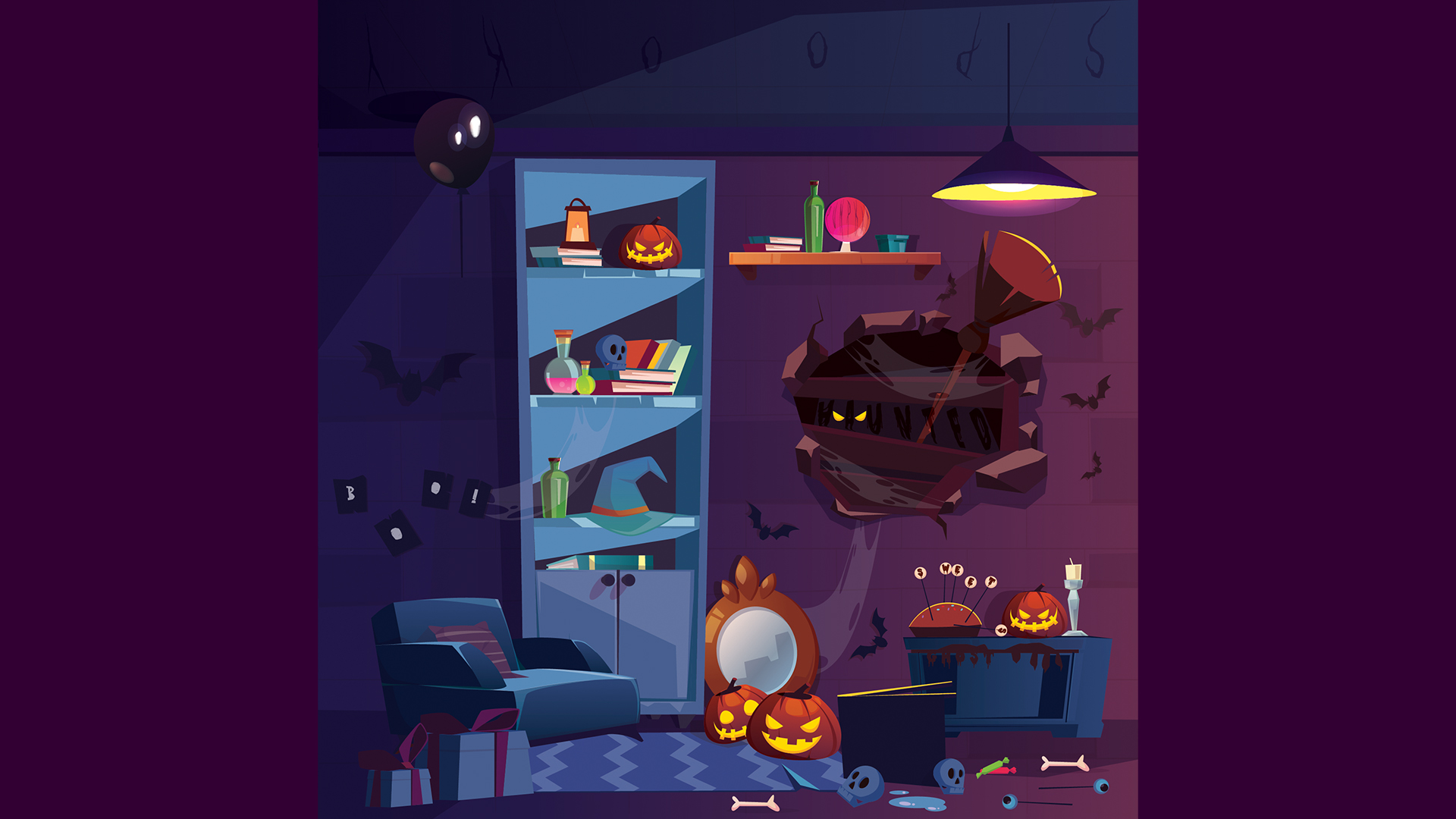 You have a high IQ if you can spot all six hidden words in the spooky Halloween living room in 10 seconds