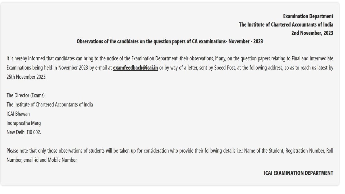 ICAI Question Papers Observations Process Starts