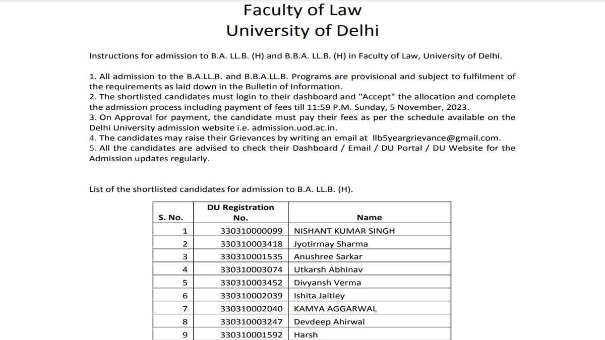 DU LLB 5-Year Admission List 2023 Releases