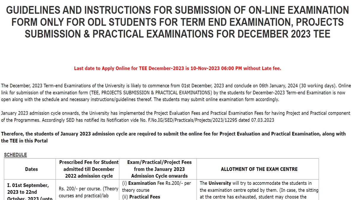 IGNOU December TEE 2023 applications close today