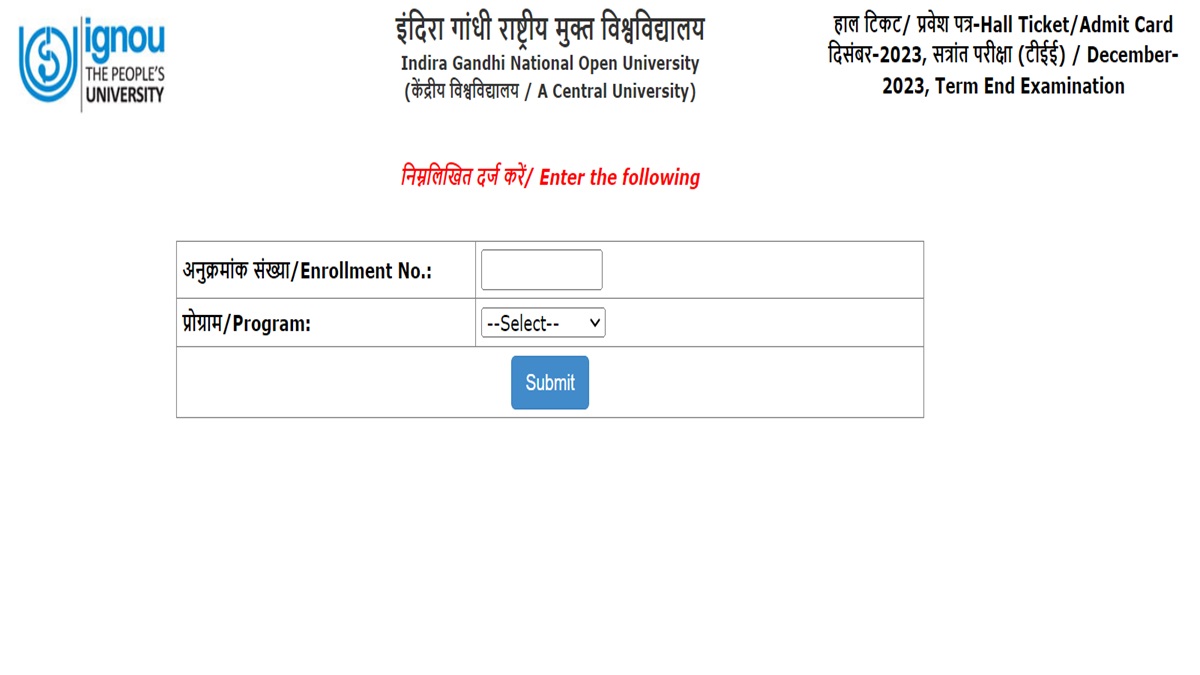 IGNOU December TEE 2023 hall ticket out