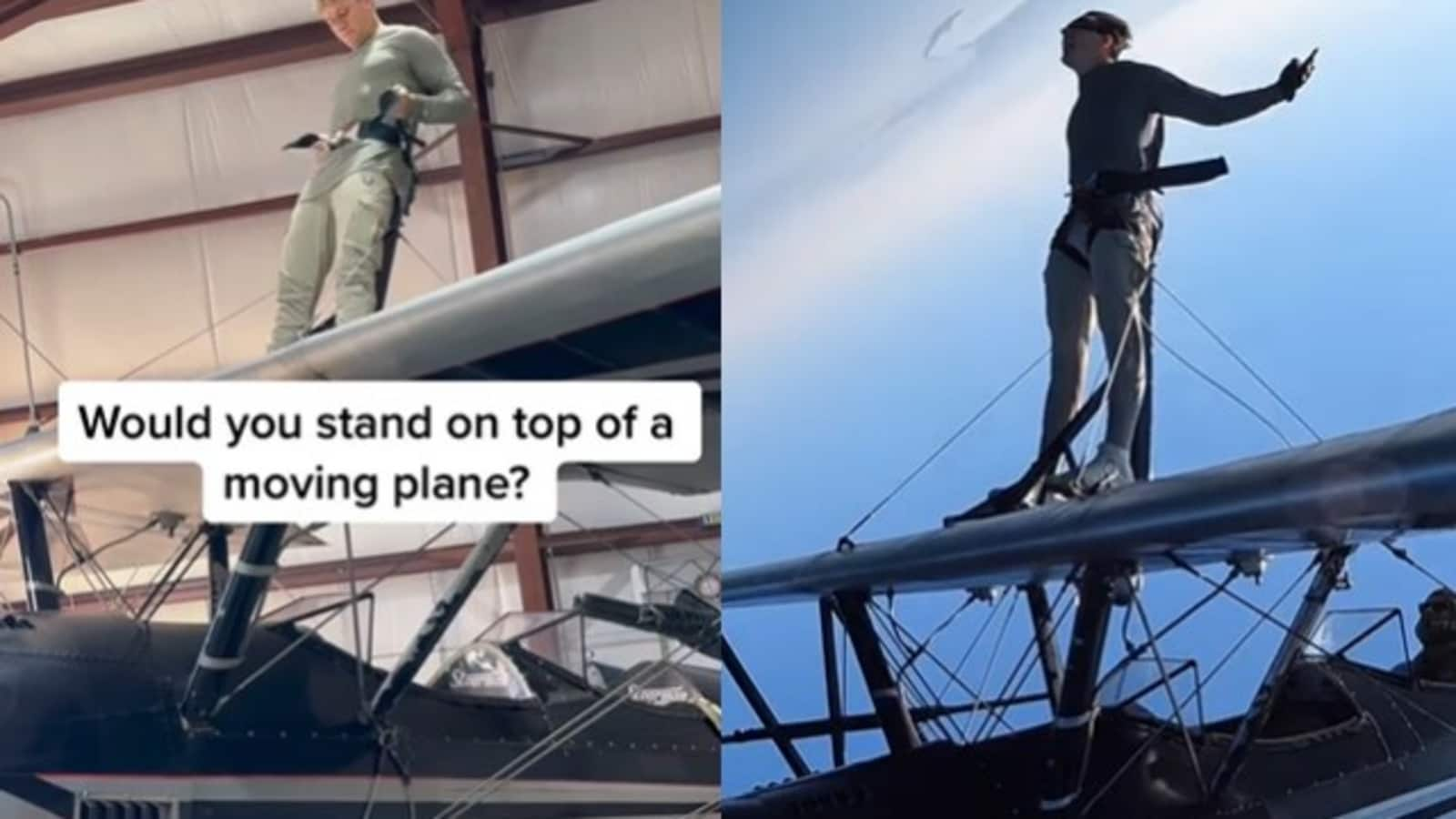 Man's daring stunt atop a moving plane will make your heart skip a beat. Watch