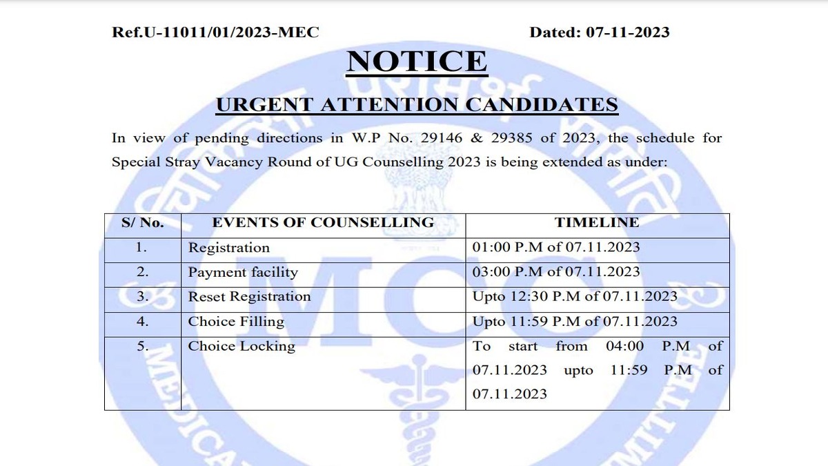 NEET UG 2023 Special Stray Vacancy Round Dates Extended