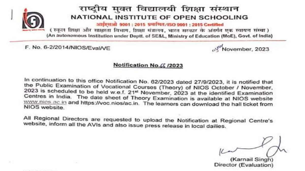 NIOS Vocational Exam Datesheet 2023 Out