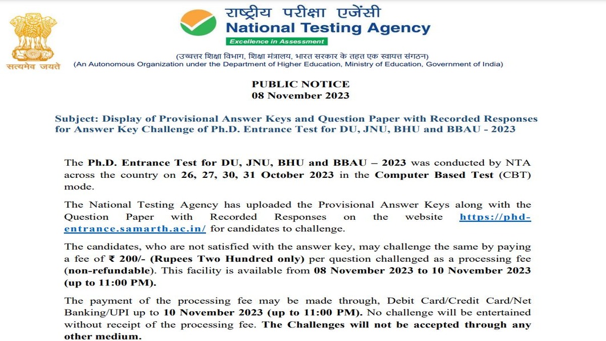 NTA PhD Entrance Exam 2023 Answer Key Released