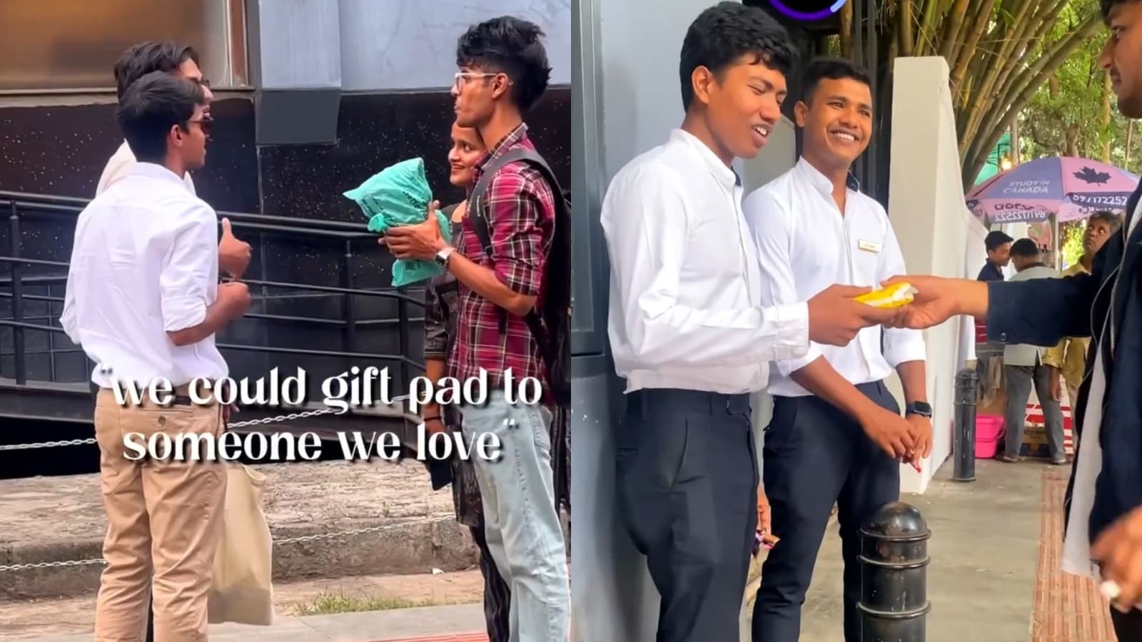 Two men in Bengaluru distribute sanitary napkins to other men, record their reactions