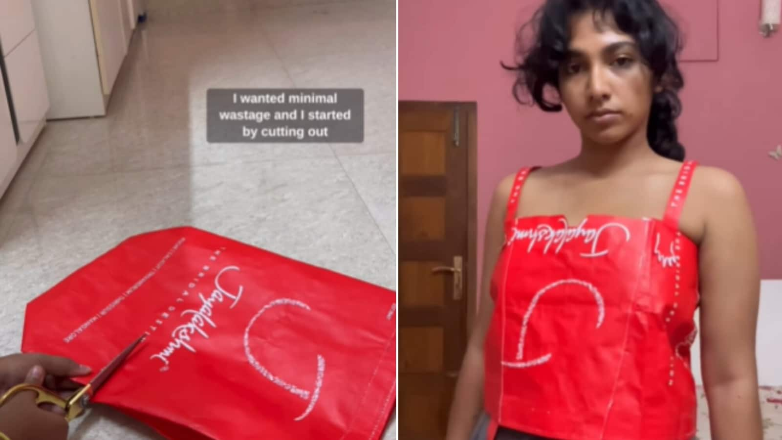 Woman’s DIY crop top out of shopping bag leaves people unimpressed