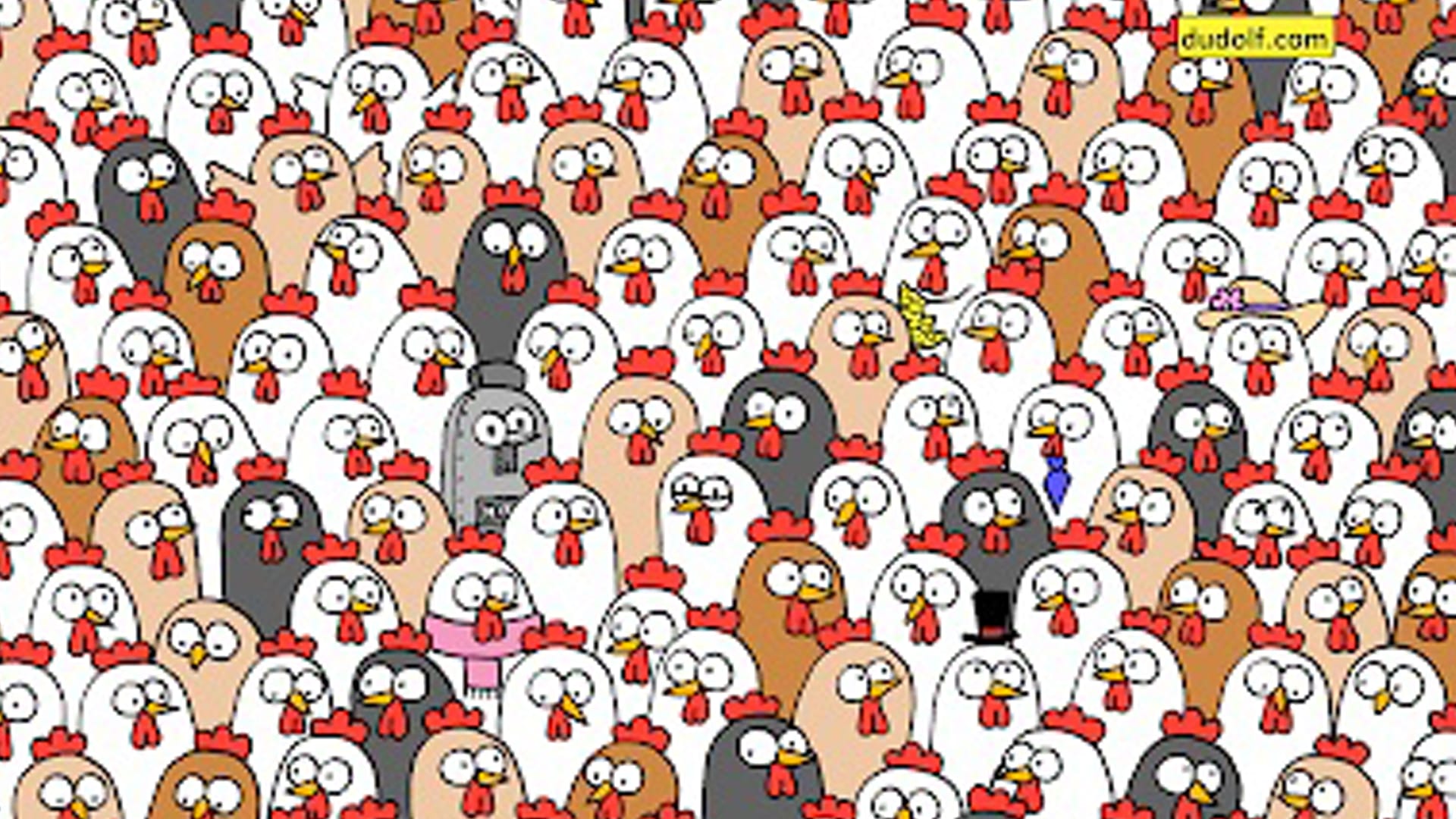 You've got sharp eyes if you can spot the 3 owls hiding among the chickens in 20 seconds